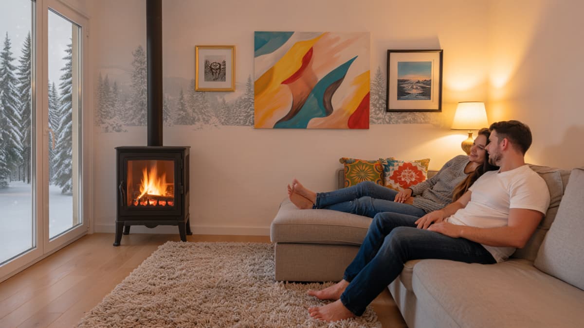 couple dans un salon avec poêle à granulés