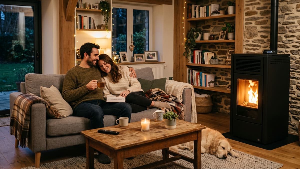 couple dans son salon au coin du feu